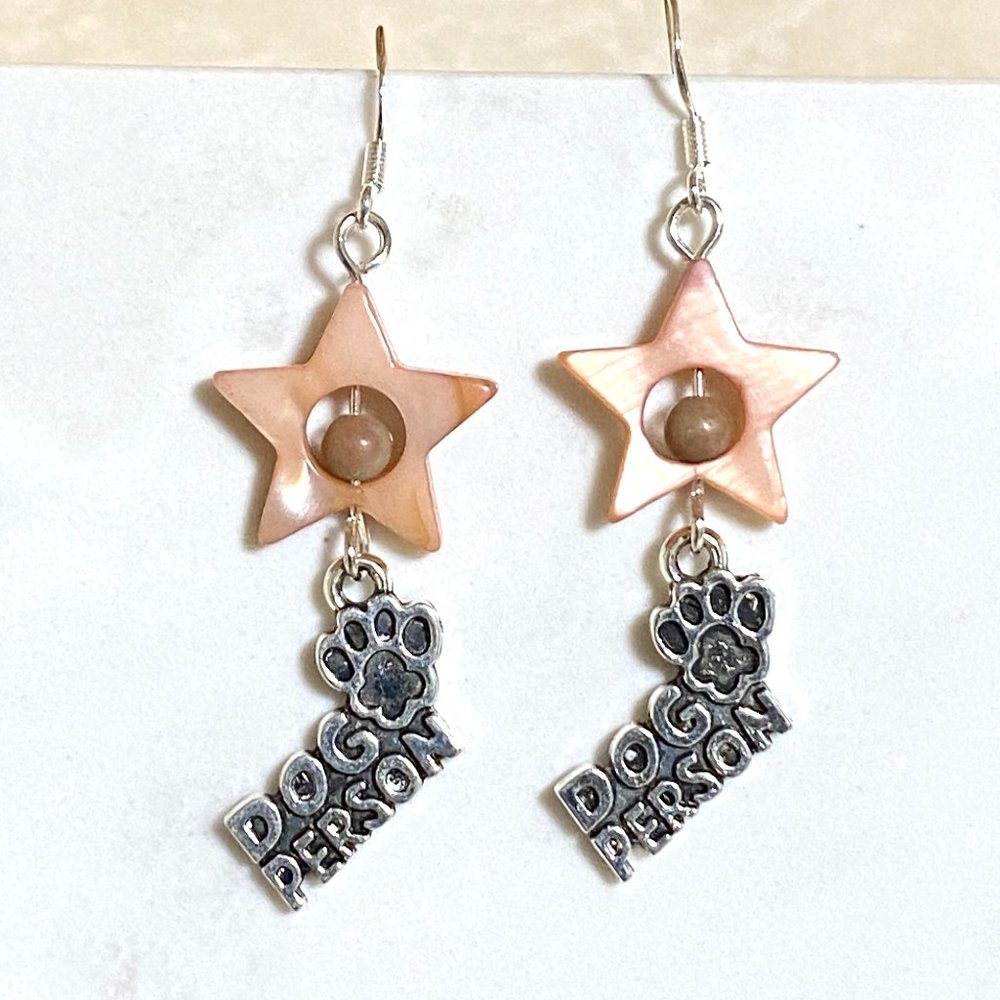 2/$20, Pink Mother of Pearl Star + Dog Person Paw Print Dangle Earrings
